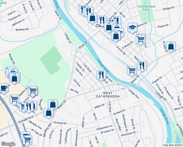 map of restaurants, bars, coffee shops, grocery stores, and more near 2136 North 1st Avenue in Lehigh County