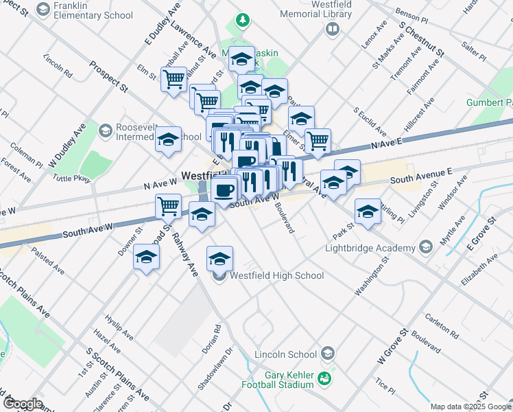 map of restaurants, bars, coffee shops, grocery stores, and more near 402 Summit Avenue in Westfield