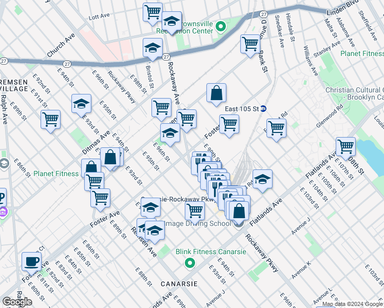 map of restaurants, bars, coffee shops, grocery stores, and more near 9720 Foster Avenue in Brooklyn