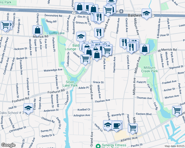 map of restaurants, bars, coffee shops, grocery stores, and more near 2527 Grand Avenue in Baldwin