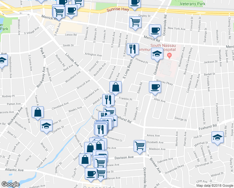 map of restaurants, bars, coffee shops, grocery stores, and more near 192 South Long Beach Road in Rockville Centre