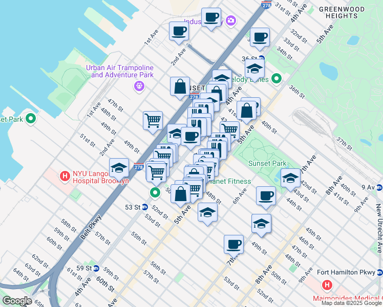 map of restaurants, bars, coffee shops, grocery stores, and more near 402 46th Street in Brooklyn