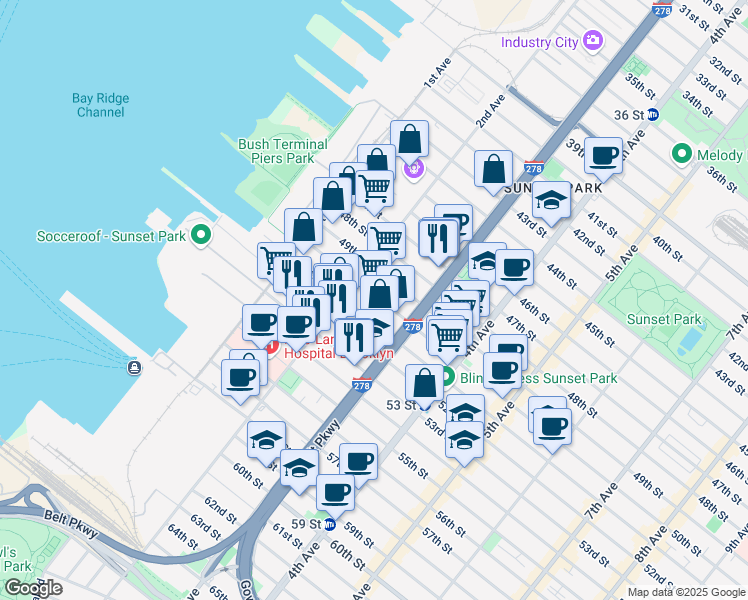 map of restaurants, bars, coffee shops, grocery stores, and more near 238 50th Street in Brooklyn