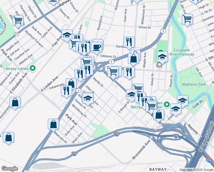map of restaurants, bars, coffee shops, grocery stores, and more near 727 Grier Avenue in Elizabeth