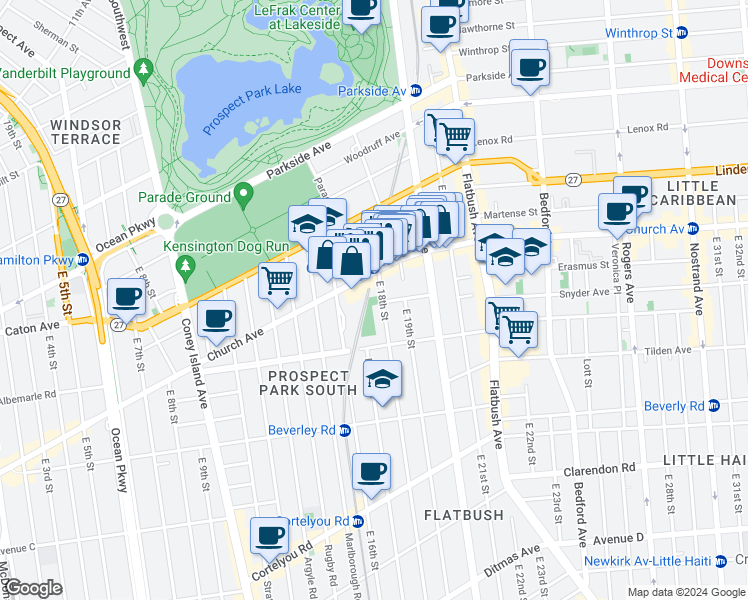 map of restaurants, bars, coffee shops, grocery stores, and more near 108 E 18th St in Brooklyn