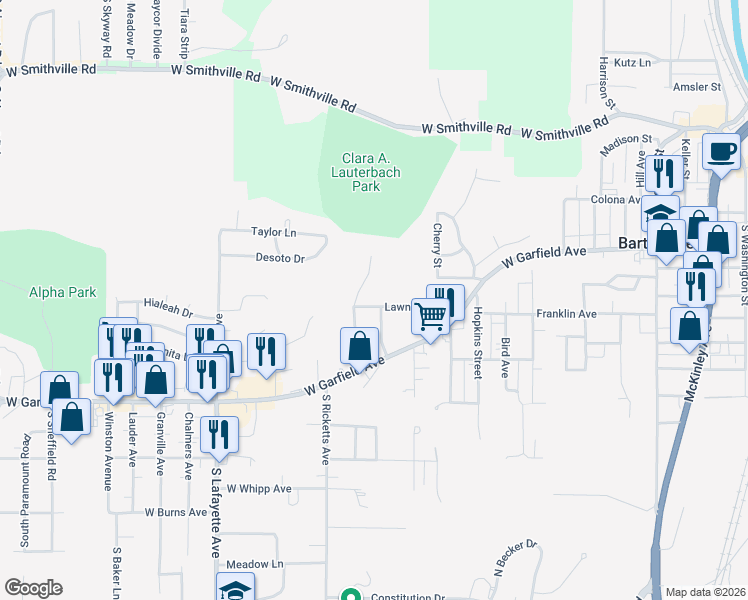 map of restaurants, bars, coffee shops, grocery stores, and more near 201 Lawndale Avenue in Bartonville