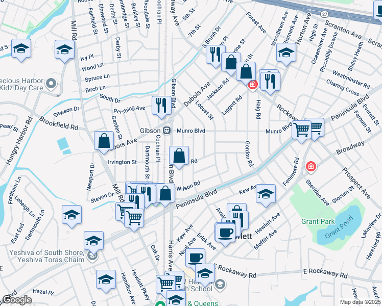 map of restaurants, bars, coffee shops, grocery stores, and more near 48 Marlboro Road in Valley Stream