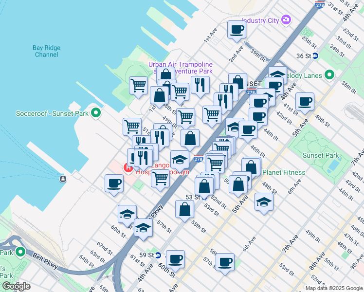 map of restaurants, bars, coffee shops, grocery stores, and more near 240 50th Street in Brooklyn