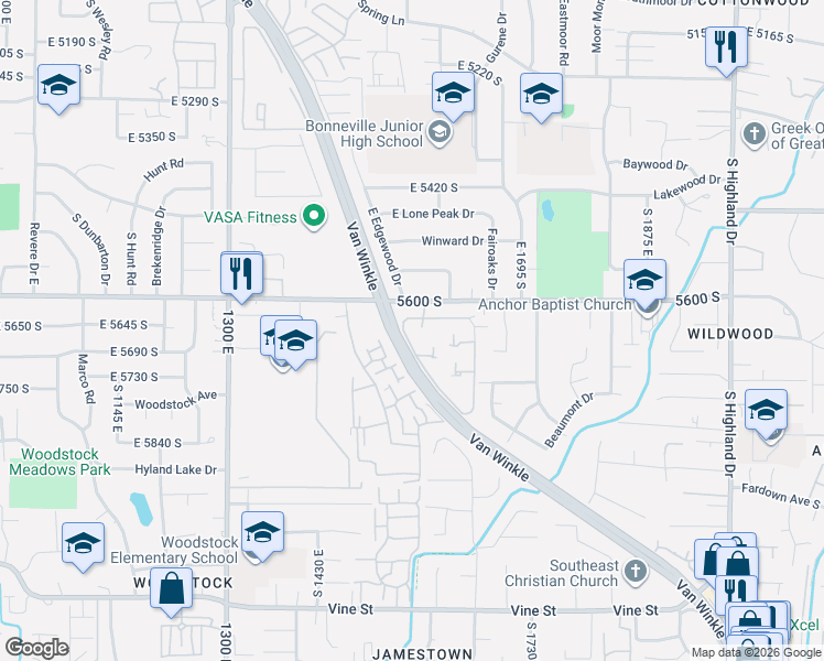 map of restaurants, bars, coffee shops, grocery stores, and more near 5647 South Park Place West in Holladay