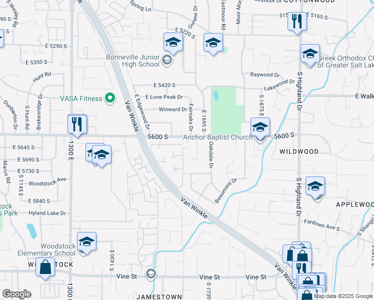 map of restaurants, bars, coffee shops, grocery stores, and more near 1676 Marvin Gardens Street in Holladay