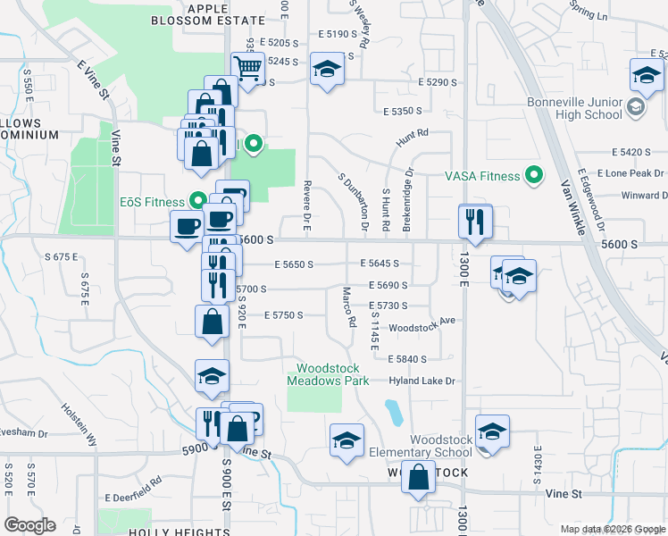 map of restaurants, bars, coffee shops, grocery stores, and more near 1050 East 5650 South in Murray