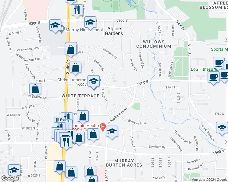 map of restaurants, bars, coffee shops, grocery stores, and more near 404 East 5600 South in Murray