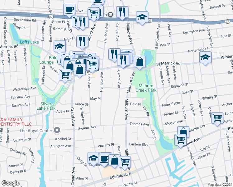 map of restaurants, bars, coffee shops, grocery stores, and more near 2542 Central Avenue in Baldwin