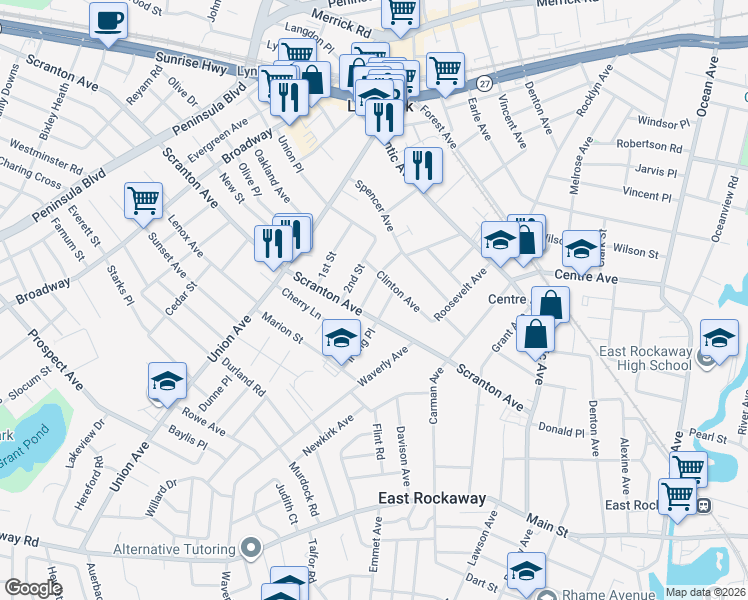 map of restaurants, bars, coffee shops, grocery stores, and more near 53 Watts Place in Lynbrook