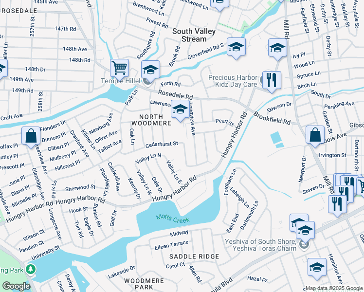 map of restaurants, bars, coffee shops, grocery stores, and more near 1025 Cedarhurst Street in Valley Stream