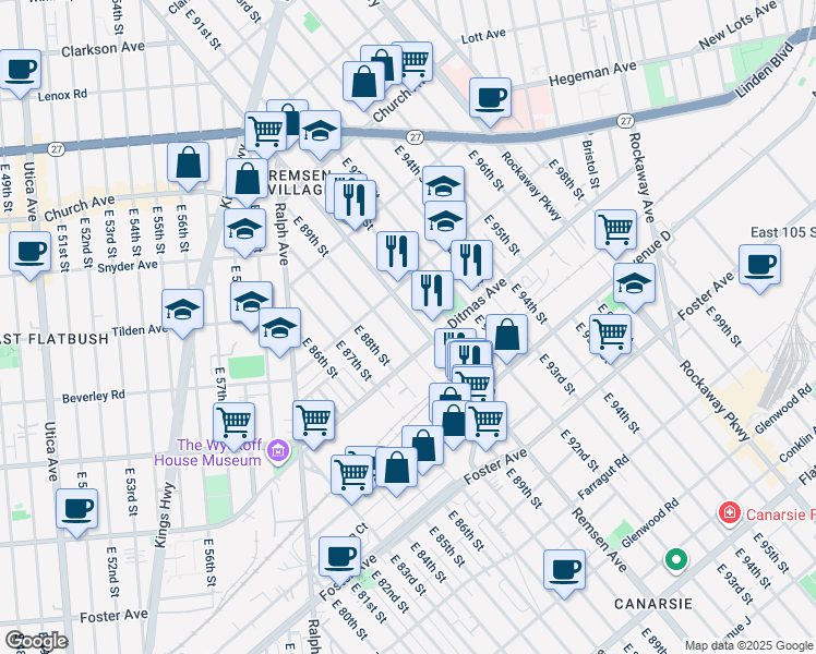 map of restaurants, bars, coffee shops, grocery stores, and more near 776 Remsen Avenue in Brooklyn