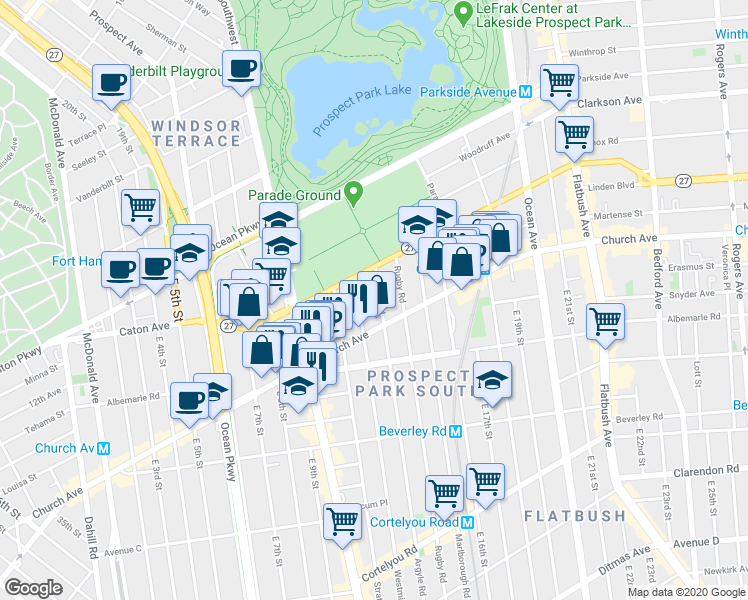map of restaurants, bars, coffee shops, grocery stores, and more near 40 Argyle Road in Brooklyn
