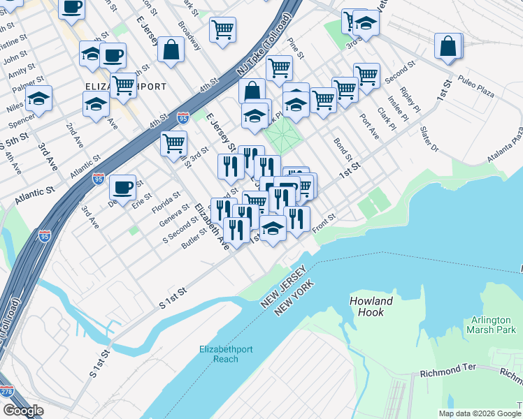 map of restaurants, bars, coffee shops, grocery stores, and more near 116 East Jersey Street in Elizabeth