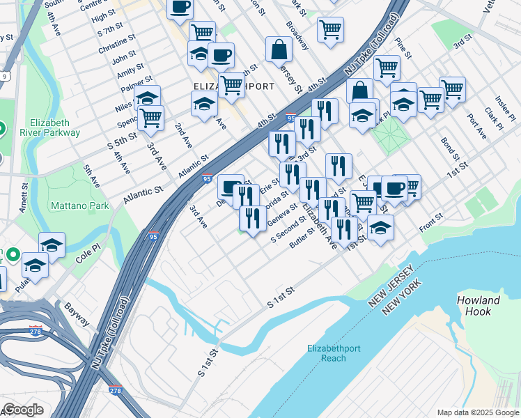 map of restaurants, bars, coffee shops, grocery stores, and more near 53 Florida Street in Elizabeth