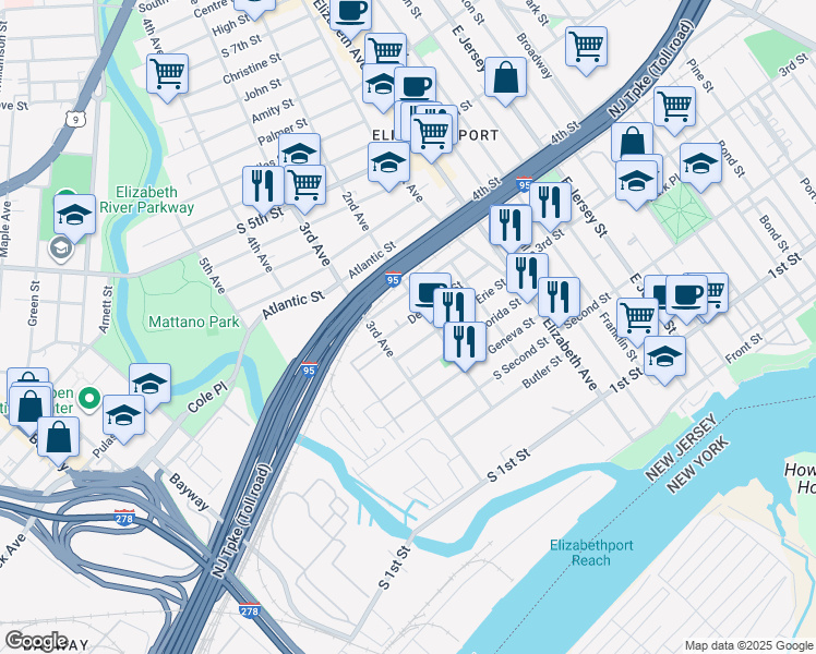 map of restaurants, bars, coffee shops, grocery stores, and more near 227 Delaware Street in Elizabeth
