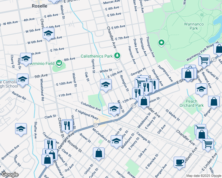 map of restaurants, bars, coffee shops, grocery stores, and more near 1037 Warren Street in Roselle