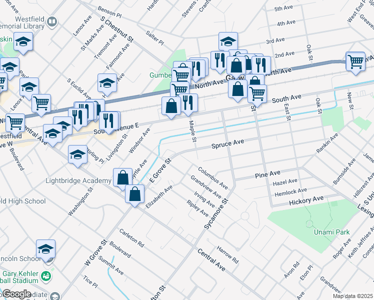 map of restaurants, bars, coffee shops, grocery stores, and more near 620 Spruce Avenue in Garwood