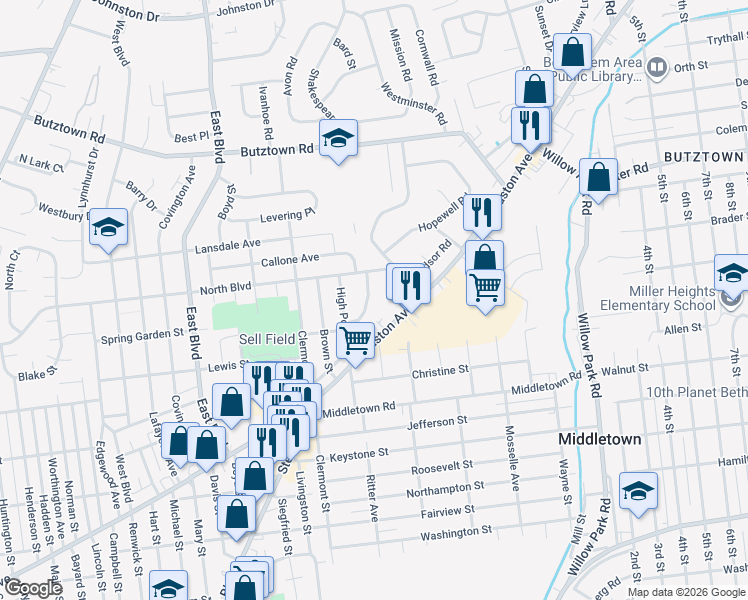 map of restaurants, bars, coffee shops, grocery stores, and more near 2446 Greencrest Drive in Bethlehem