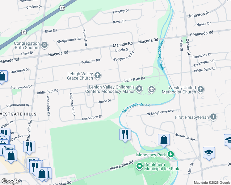 map of restaurants, bars, coffee shops, grocery stores, and more near 2616 Pioneer Road in Bethlehem