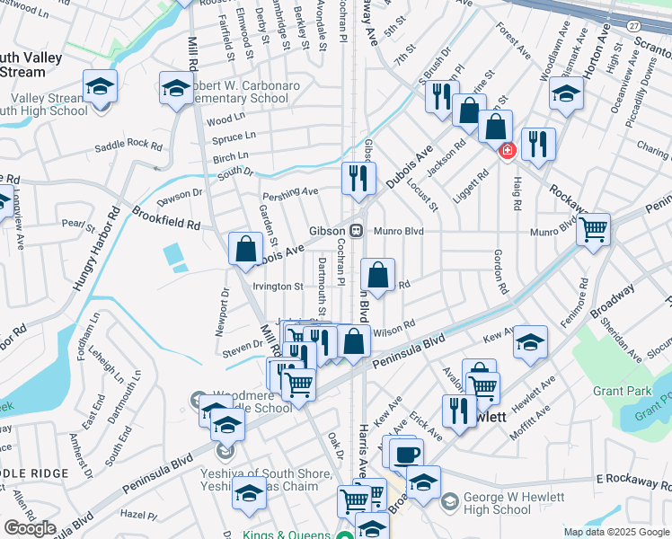 map of restaurants, bars, coffee shops, grocery stores, and more near 334 Cochran Place in Valley Stream