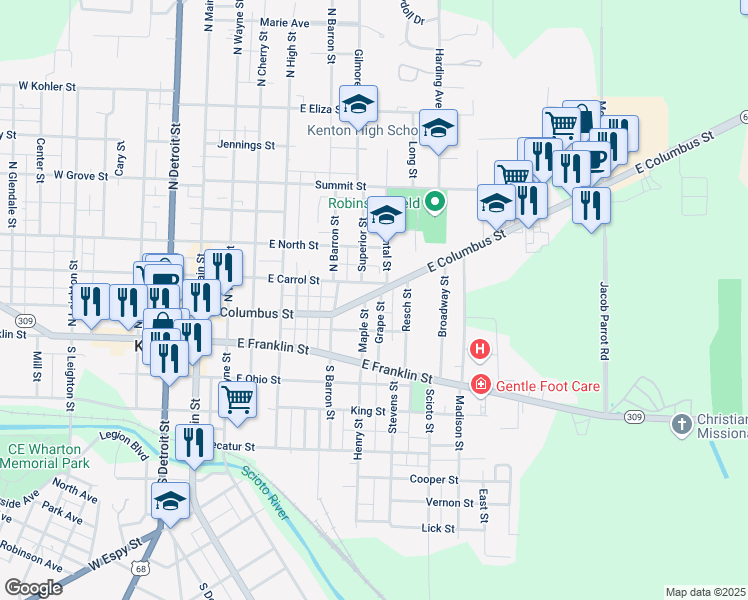 map of restaurants, bars, coffee shops, grocery stores, and more near 538 East Columbus Street in Kenton