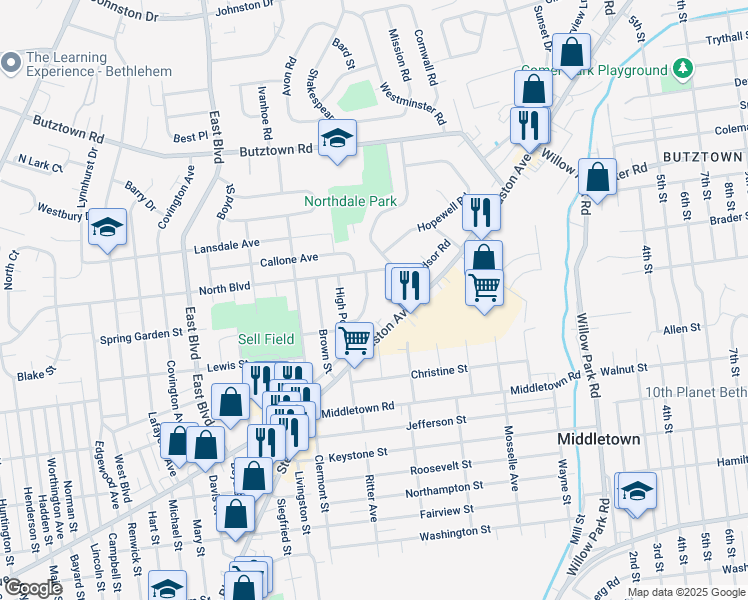map of restaurants, bars, coffee shops, grocery stores, and more near 2446 Greencrest Dr in Bethlehem