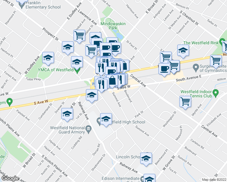 map of restaurants, bars, coffee shops, grocery stores, and more near 339 South Avenue West in Westfield