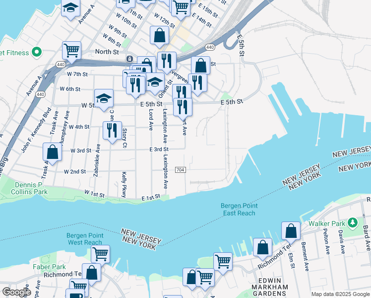 map of restaurants, bars, coffee shops, grocery stores, and more near 82 East 3rd Street in Bayonne