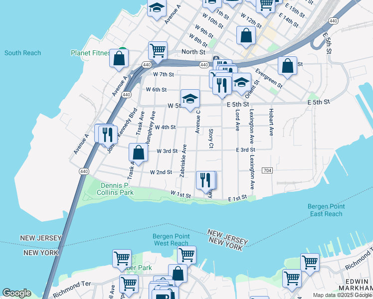 map of restaurants, bars, coffee shops, grocery stores, and more near 82 Zabriskie Avenue in Bayonne