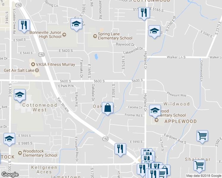 map of restaurants, bars, coffee shops, grocery stores, and more near 5646 South 1850 East in Holladay