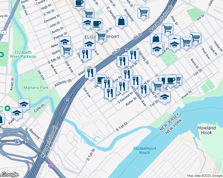 map of restaurants, bars, coffee shops, grocery stores, and more near 53 Florida Street in Elizabeth
