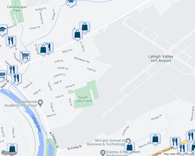 map of restaurants, bars, coffee shops, grocery stores, and more near 723 Circle Drive in Catasauqua