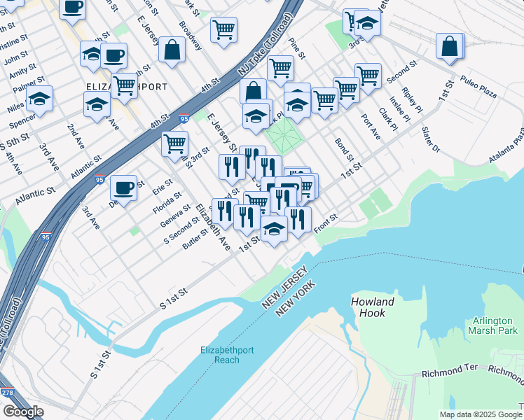 map of restaurants, bars, coffee shops, grocery stores, and more near 116 East Jersey Street in Elizabeth