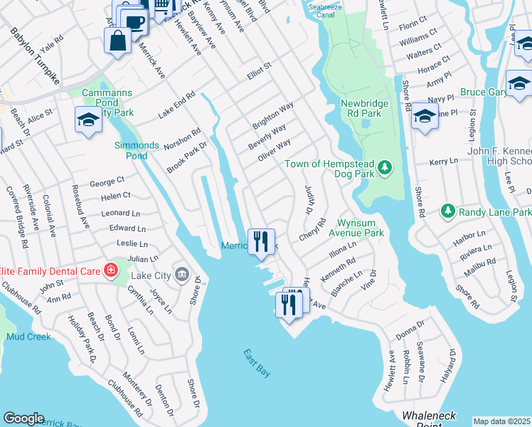 map of restaurants, bars, coffee shops, grocery stores, and more near 2022 Whalen Avenue in Merrick