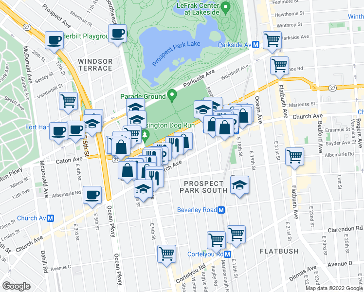 map of restaurants, bars, coffee shops, grocery stores, and more near 40 Argyle Road in Brooklyn