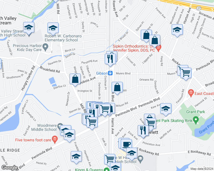 map of restaurants, bars, coffee shops, grocery stores, and more near 331 Cochran Place in Valley Stream