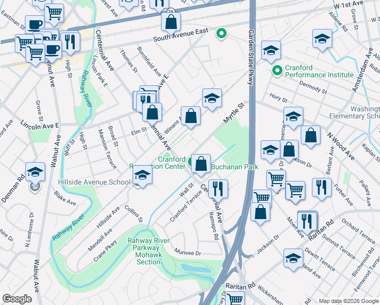map of restaurants, bars, coffee shops, grocery stores, and more near 20 Myrtle Street in Cranford