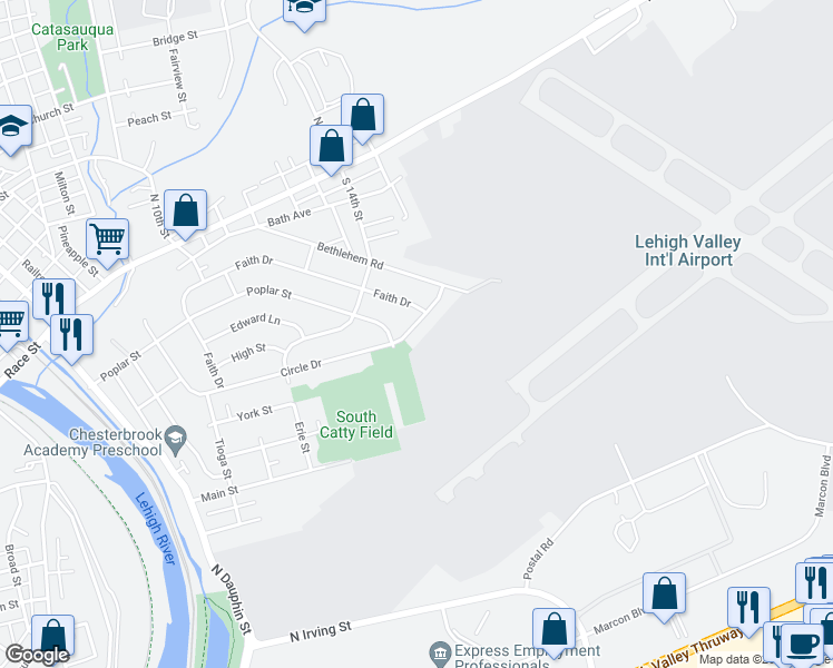 map of restaurants, bars, coffee shops, grocery stores, and more near 723 Circle Drive in Catasauqua