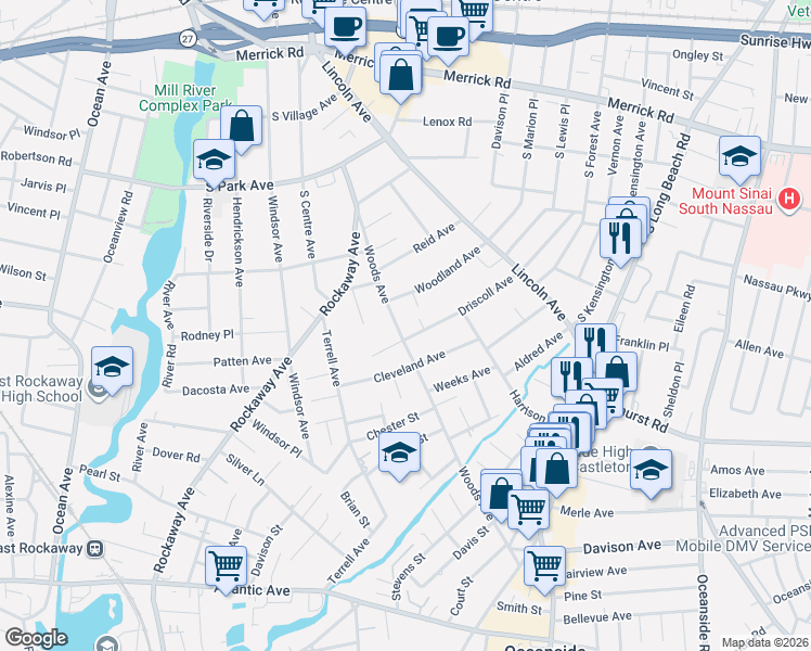 map of restaurants, bars, coffee shops, grocery stores, and more near 101 Woods Avenue in Rockville Centre