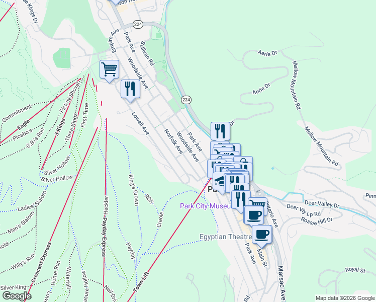 map of restaurants, bars, coffee shops, grocery stores, and more near 973 Woodside Avenue in Park City