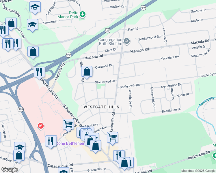 map of restaurants, bars, coffee shops, grocery stores, and more near 2750 Belaire Road in Bethlehem