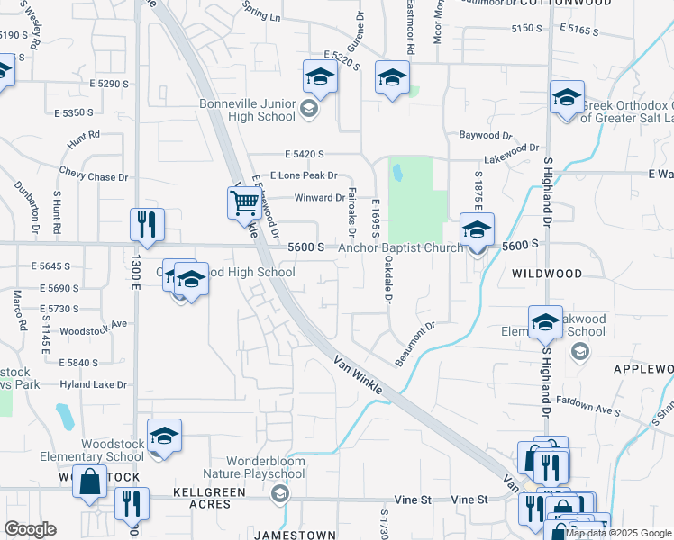 map of restaurants, bars, coffee shops, grocery stores, and more near 5646 S Park Place East in Salt Lake City
