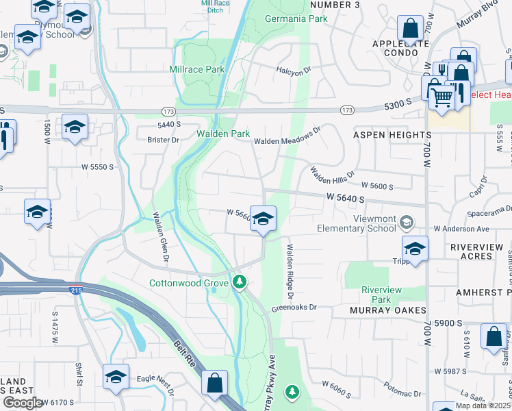 map of restaurants, bars, coffee shops, grocery stores, and more near 5668 Bullion Street in Murray