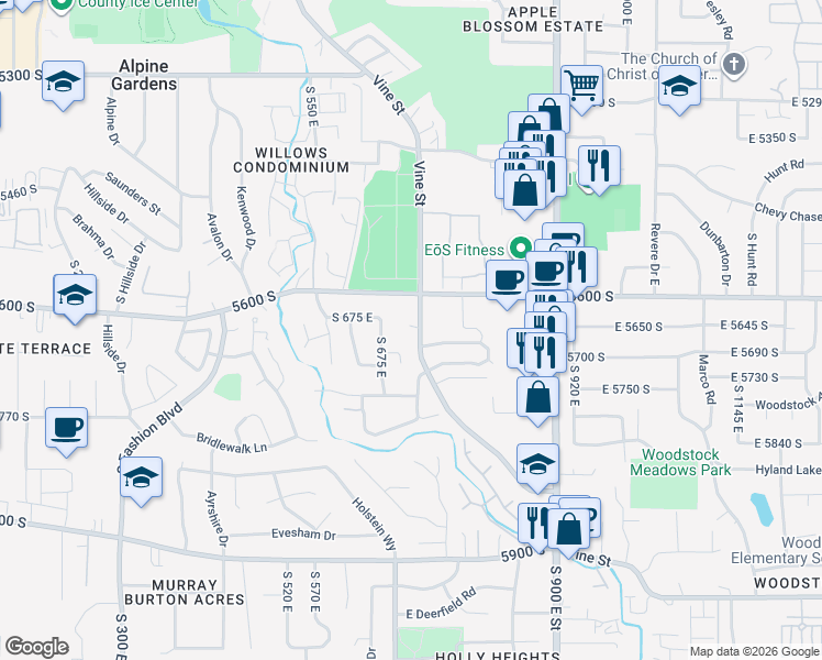 map of restaurants, bars, coffee shops, grocery stores, and more near 770 Vine Street in Murray