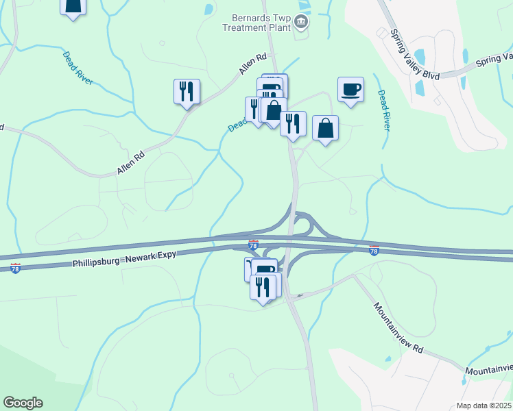 map of restaurants, bars, coffee shops, grocery stores, and more near 611 Martinsville Road in Bernards